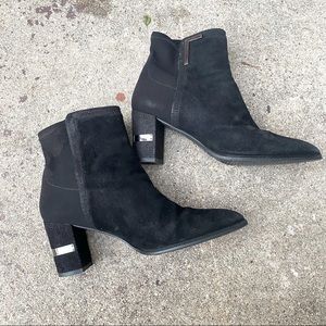 Stuart Weitzman Black Suede Ankle Booties with Embellished Block Heel